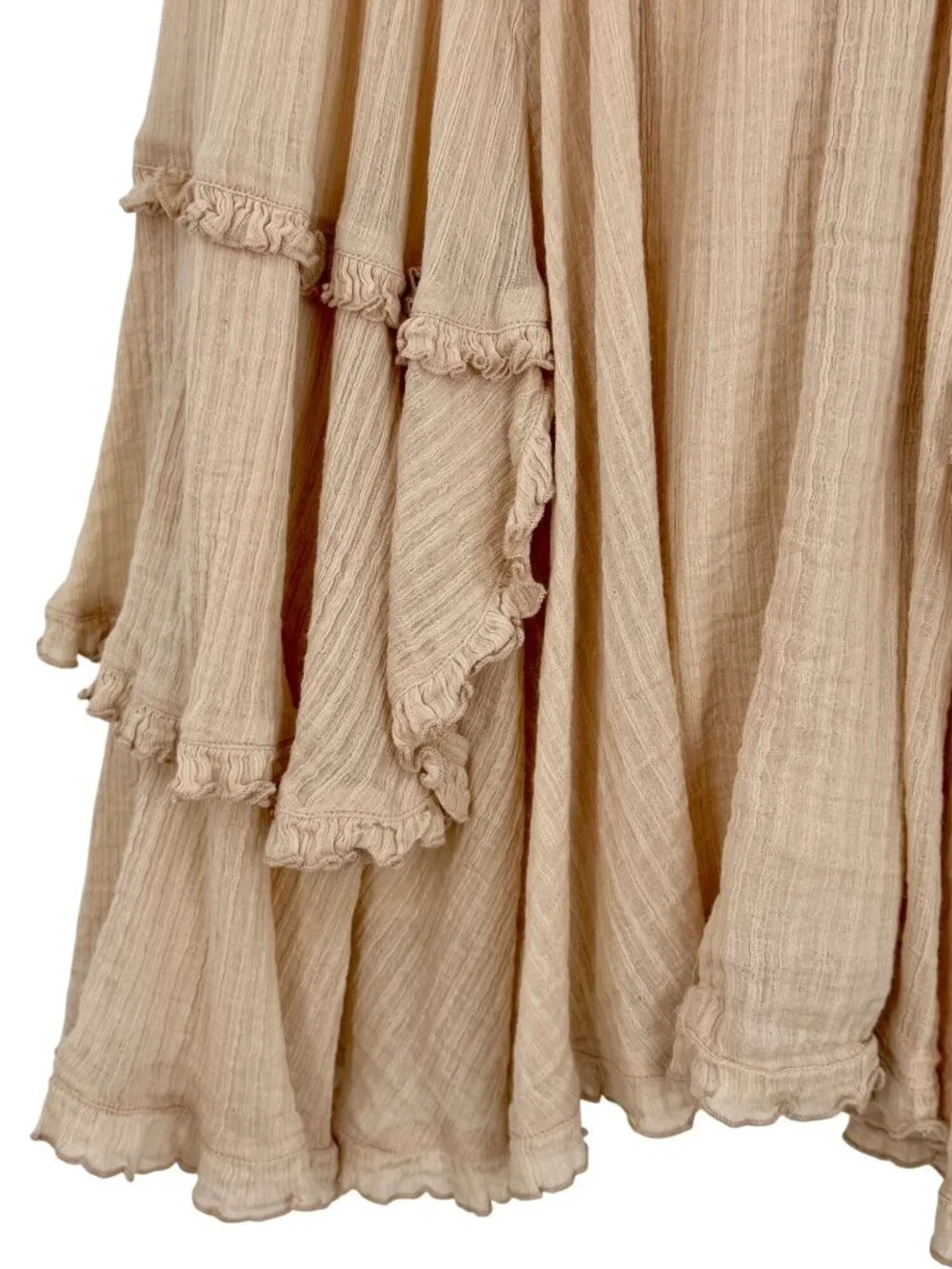 Free People Beige Layered Ruffle Ruched V-Neck Mini Dress S | Coastal Boho Indie - Picture 9 of 13